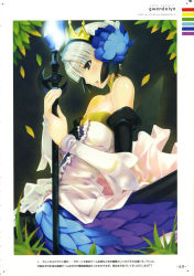 Rule 34 | 1girl, bare shoulders, blunt bangs, border, brown eyes, dress, dtcy, flower, from side, gwendolyn (odin sphere), hair flower, hair ornament, hairband, highres, long sleeves, mikazuki akira!, odin sphere, profile, scales, silver hair, sitting, solo, strapless, strapless dress, white dress