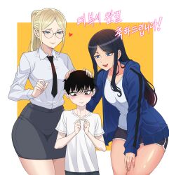 Rule 34 | 1boy, 2girls, age difference, black hair, black necktie, black shorts, blonde hair, blue jacket, blush, brown eyes, carmen (the boxer), commentary request, copyright request, glasses, grey skirt, headpat, heart, highres, hwa na jung, jacket, korean commentary, korean text, long sleeves, multiple girls, necktie, onee-shota, ponytail, shirt, shorts, skirt, standing, t-shirt, the boxer, white shirt, yu (the boxer)