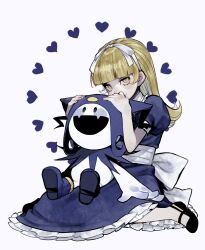Rule 34 | 1girl, alice (megami tensei), black footwear, blonde hair, blue dress, blunt bangs, dress, fangs, frilled dress, frills, hairband, heart, highres, jack frost (megami tensei), long hair, looking at viewer, open mouth, puffy short sleeves, puffy sleeves, sen (aypj8447), shin megami tensei, shoes, short sleeves, simple background, sitting, white hairband, yellow eyes
