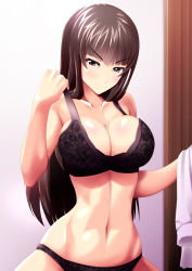 Rule 34 | 10s, 1girl, adjusting bra, adjusting clothes, black bra, black eyes, black hair, black panties, blunt bangs, bra, breasts, cleavage, closed mouth, commentary request, girls und panzer, half-closed eyes, highres, holding, holding clothes, indoors, large breasts, long hair, looking at viewer, mature female, miraino tsubasa, naughty face, navel, nishizumi shiho, panties, shirt, smile, solo, straight hair, underwear, underwear only, v-shaped eyebrows, white shirt