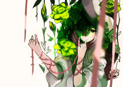 Rule 34 | 1girl, bare shoulders, beige background, blurry, blurry foreground, brown hair, commentary request, depth of field, flower, green eyes, green flower, green rose, hair over one eye, hands up, long hair, original, robe, rose, sasurai susuki, short sleeves, simple background, solo, string, string around finger, string of fate, upper body, white robe, wide sleeves