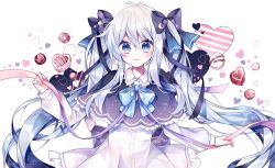 Rule 34 | 1girl, black bow, black capelet, blue bow, blue eyes, bow, capelet, closed mouth, crescent, dress, g ieep, hair between eyes, hair bow, heart, long hair, long sleeves, looking at viewer, original, pink ribbon, puffy long sleeves, puffy sleeves, ribbon, silver hair, sleeves past wrists, smile, solo, star-shaped pupils, star (symbol), symbol-shaped pupils, twintails, upper body, valentine, very long hair, white background, white dress