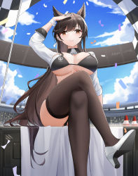 Rule 34 | 1girl, animal ears, arm up, atago (azur lane), atago (stunning speedster) (azur lane), azur lane, bikini, black bikini, blue sky, breasts, brown eyes, brown hair, checkered flag, chinese commentary, cleavage, closed mouth, cloud, commentary request, confetti, copyright name, crossed legs, day, extra ears, flag, foot out of frame, fox ears, from below, hair ribbon, hand on own head, high heels, highres, large breasts, long hair, looking at viewer, mixed-language commentary, mole, mole under eye, official alternate costume, outdoors, qing wu, race queen, ribbon, salute, shrug (clothing), sidelocks, sitting, sky, sleeve cuffs, smile, solo, swept bangs, swimsuit, thighhighs, thighs, traffic cone, two-tone bikini, very long hair, white footwear, white ribbon, white wrist cuffs, wrist cuffs