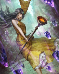 Rule 34 | 1girl, arm up, artist name, black hair, blurry, blurry background, bracelet, circle, copyright name, day, detached sleeves, dress, feet out of frame, forest, gem, grey eyes, holding, holding staff, jewelry, looking at viewer, meia (final fantasy), mobius final fantasy, nature, official art, outdoors, rakuen, single sleeve, staff, watermark, yellow dress