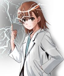 Rule 34 | 1girl, bob cut, brown eyes, brown hair, closed mouth, commentary, electricity, electrokinesis, flower, gradient background, grey background, hair between eyes, hair flower, hair ornament, hairclip, hand in pocket, index finger raised, lab coat, light smile, looking at viewer, misaka mikoto, pointing, pointing up, short hair, shoya (yama1979), solo, standing, toaru kagaku no railgun, toaru majutsu no index, upper body, white background, white flower