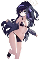 Rule 34 | 1girl, bikini, bikini under clothes, black bikini, black hair, black jacket, blue archive, blue bow, blue eyes, blue hairband, bow, breasts, collarbone, commentary request, groin, hair between eyes, hair bow, hairband, halo, highres, jacket, long hair, long sleeves, looking at viewer, medium breasts, navel, off shoulder, official alternate costume, open clothes, open jacket, parted lips, ponytail, puffy long sleeves, puffy sleeves, ririko (zhuoyandesailaer), sandals, sideboob, simple background, sleeves past wrists, solo, standing, standing on one leg, stomach, swimsuit, ui (blue archive), ui (swimsuit) (blue archive), very long hair, wavy hair, white background, white footwear