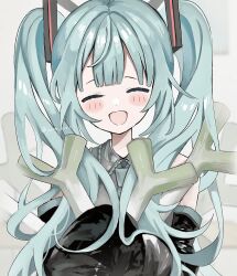 Rule 34 | 1girl, :d, ^ ^, aqua hair, aqua necktie, artist name, bare shoulders, black sleeves, blunt bangs, blush stickers, closed eyes, commentary request, cowlick, detached sleeves, double-parted bangs, facing viewer, food, grey shirt, hatsune miku, head tilt, highres, holding, holding food, holding spring onion, holding vegetable, light blush, long hair, necktie, open mouth, shirt, signature, smile, solo, spring onion, twintails, upper body, vegetable, very long hair, vocaloid, white background, yuta 2341