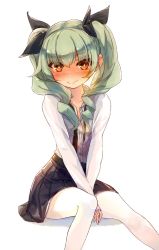 10s 1girl absurdres anchovy_(girls_und_panzer) bad_id bad_twitter_id between_legs black_ribbon black_skirt blush collarbone drill_hair embarrassed female_focus full-face_blush girls_und_panzer green_hair hair_ribbon hand_between_legs highres long_hair looking_at_viewer pantyhose red_eyes ribbon shirt simple_background sitting skirt solo twin_drills twintails virus_(obsession) white_background white_pantyhose white_shirt