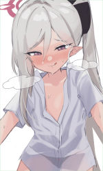 Rule 34 | 1girl, :q, black panties, blue archive, blush, breath, commentary request, furrowed brow, grey hair, hair between eyes, hair ornament, half-closed eyes, halo, highres, long hair, looking at viewer, mutsuki (blue archive), naughty face, nose blush, panties, pointy ears, ponytail, purple eyes, see-through, see-through shirt, shirt, short sleeves, side ponytail, simple background, solo, sweat, tongue, tongue out, tsumayouji (tumayog), underwear, very long hair, white background, white shirt