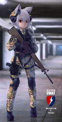 Rule 34 | 1girl, animal ears, assault rifle, black gloves, blurry, blurry background, bulletproof vest, camouflage, camouflage jacket, camouflage pants, chinese commentary, chinese text, commentary request, fang zhenjun, full body, gloves, gun, handgun, harness, headphones, holding, holding gun, holding weapon, holster, holstered, jacket, knee pads, looking at viewer, military, military jacket, original, pants, photo background, pistol, red eyes, rifle, sidelocks, soldier, solo, standing, t65k2 assault rifle, thigh holster, translation request, two side up, weapon, white hair