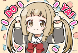 Rule 34 | 1girl, blush, bow, brown background, brown eyes, brown hair, brown shirt, bunching hair, closed mouth, commentary request, grey jacket, hands up, jacket, long hair, long sleeves, looking at viewer, mitya, nogi sonoko, outline, red bow, romaji text, sailor collar, shirt, smile, solo, twintails, twintails day, twitter username, upper body, very long hair, washio sumi wa yuusha de aru, white outline, white sailor collar, yuusha de aru