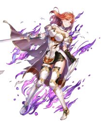 Rule 34 | angry, armor, aura, black thighhighs, cape, celica (fire emblem), corruption, dark persona, detached collar, duma (fire emblem), fire emblem, fire emblem echoes: shadows of valentia, fire emblem heroes, fujikawa arika, full body, highres, holding, holding cape, holding clothes, injury, long hair, nintendo, official art, possessed, possession, red armor, red hair, ryona, solo, standing, thighhighs, torn clothes, transparent background, white armor