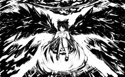 Rule 34 | 1girl, 463 jun, absurdres, bad id, bad pixiv id, female focus, full body, greyscale, highres, long image, mary janes, monochrome, reiuji utsuho, shoes, short hair, solo, tall image, tears, touhou, water, wide image, wings