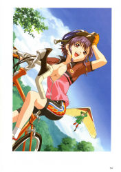 Rule 34 | 1girl, :d, animal costume, artbook, bicycle, bike shorts, breasts, cloud, day, frog costume, gloves, hang gliding, happoubi jin, happy, helmet, highres, ishibashi tsubame, jacket, medium breasts, open clothes, open jacket, open mouth, purple hair, red eyes, scan, separate blue, sky, smile, solo, sweet body