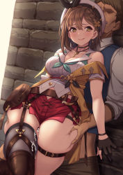 Rule 34 | 1boy, 1girl, :q, absurdres, atelier (series), atelier ryza, atelier ryza 2, bar censor, bare shoulders, belt, black gloves, black thighhighs, blush, braid, breasts, brown belt, brown eyes, brown hair, censored, cleavage, clenched teeth, collarbone, commentary request, cum, cum on body, cum on clothes, cum on lower body, cumdrip, earrings, garter straps, gloves, hair between eyes, hair ornament, hairclip, hat, highres, jewelry, key, key necklace, large breasts, looking at another, momo no sukebe, necklace, outdoors, parted lips, partially fingerless gloves, penis, red shorts, reisalin stout, short hair, short shorts, shorts, single thighhigh, smile, solo focus, standing, star (symbol), star earrings, teeth, thick thighs, thigh grab, thigh sex, thigh strap, thighhighs, thighs, tongue, tongue out, white headwear