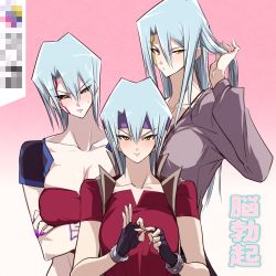 Rule 34 | 3girls, adjusting hair, blue hair, blush, breasts, bustier, clenched teeth, collarbone, come hither, crossed arms, fingerless gloves, genderswap, genderswap (mtf), gloves, hair between eyes, hairband, kiryu kyosuke, large breasts, long hair, looking at another, looking at viewer, looking to the side, multiple girls, multiple persona, nail polish, nose blush, purple nails, sexually suggestive, short hair, smile, sweatdrop, tattoo, teeth, vest, yanazuri (kimossari337), yellow eyes, yu-gi-oh!, yu-gi-oh! 5d&#039;s