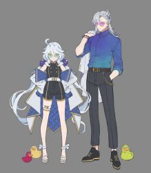 Rule 34 | 1boy, 1girl, alternate costume, belt, black footwear, black pants, blue shirt, bracelet, closed mouth, earrings, full body, furina (genshin impact), genshin impact, grey background, grey hair, hand in pocket, hands on own hips, height difference, highres, jacket, jewelry, long hair, looking at viewer, multicolored hair, neuvillette (genshin impact), off shoulder, open clothes, open jacket, pants, papajay (jennygin2), round eyewear, rubber duck, shirt, shirt tucked in, shoes, simple background, standing, sunglasses, thigh strap, very long hair, white belt, white footwear