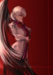 Rule 34 | 1girl, absurdres, bad id, bad pixiv id, bow, breasts, brooch, covering own mouth, cropped legs, female focus, from side, hand to own mouth, highres, hometa, jacket, jewelry, kishin sagume, looking at viewer, neckerchief, purple shirt, red eyes, shirt, short hair, solo, touhou, white hair, white jacket, wings
