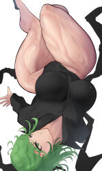Rule 34 | 1girl, absurdres, adapted costume, ass, bare legs, bent over, blush, breast press, curly hair, curvy, green eyes, green hair, highleg, highleg leotard, highres, leotard, long sleeves, looking to the side, muscular, muscular female, one-punch man, open mouth, shiny clothes, shiny skin, short hair, simple background, sirosoil, solo, tatsumaki, thick thighs, thighs, wide hips