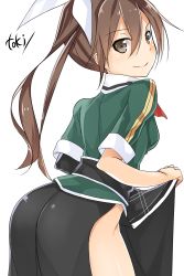 Rule 34 | 10s, 1girl, artist name, black skirt, blush, brown eyes, brown hair, clothes lift, from behind, hair ribbon, highres, kantai collection, looking at viewer, looking back, military, military uniform, pelvic curtain, ribbon, side slit, simple background, skirt, skirt lift, smile, solo, toki/, tone (kancolle), tone kai ni (kancolle), twintails, uniform, white background