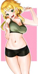 Rule 34 | 1girl, :d, absurdres, bike shorts, blonde hair, blush, breasts, commission, cowboy shot, dot nose, green eyes, hand up, head tilt, highres, large breasts, looking at viewer, low twintails, nagashii kouhei, open mouth, original, skeb commission, smile, solo, sports bra, standing, twintails, w