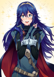 Rule 34 | 1girl, ameno (a meno0), armor, bad id, bad twitter id, belt, black sweater, blue cape, blue eyes, blue gloves, blue hair, blush, breastplate, buckle, cape, commentary request, fingerless gloves, fire emblem, fire emblem awakening, floating hair, gloves, hair between eyes, hair ornament, lips, long hair, looking at viewer, lucina (fire emblem), multicolored cape, multicolored clothes, nintendo, open mouth, red cape, ribbed sweater, shoulder armor, simple background, smile, solo, sweater, teeth, tiara, turtleneck, turtleneck sweater, two-sided cape, two-sided fabric