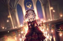 Rule 34 | +, 1girl, architecture, armband, armlet, bare shoulders, black ribbon, blush, candle, church, corset, dress, flower, hair flower, hair ornament, hair ribbon, headband, holding, holding candle, idolmaster, idolmaster cinderella girls, idolmaster cinderella girls starlight stage, jewelry, kanzaki ranko, lens flare, looking at viewer, necklace, official art, red armband, red dress, red eyes, red headband, red ribbon, ribbon, silver hair, window