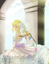 Rule 34 | 1girl, alternate costume, backless dress, backless outfit, backlighting, bare shoulders, blonde hair, blue sky, bouquet, bow, bride, closed mouth, crystal, day, demon wings, dress, elbow gloves, fang, fang out, flandre scarlet, flower, frilled dress, frills, gloves, hair between eyes, highres, ling huanxiang, long hair, looking at viewer, looking back, outdoors, pillar, pink bow, rainbow order, see-through, side ponytail, skirt hold, sky, smile, solo, standing, strapless, strapless dress, sunlight, touhou, veil, wedding dress, white dress, white gloves, wings, yellow eyes