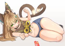 Rule 34 | 1girl, ahoge, anger vein, animal ear fluff, animal ears, bare arms, bare shoulders, black choker, black shirt, blonde hair, blue shorts, cat ears, cat girl, cat tail, choker, crop top, eyes visible through hair, fang, genshin impact, green eyes, highres, kirara (genshin impact), kyaong, legs, long hair, looking at viewer, lying, midriff, multiple tails, navel, on side, paw pose, shirt, short shorts, shorts, simple background, sleeveless, sleeveless shirt, solo, stomach, sweatdrop, tail, thighs, two tails, v-shaped eyebrows, white background