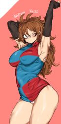 Rule 34 | 1girl, android 21, arm up, armpits, black-framed eyewear, blue eyes, blush, breasts, brown hair, character name, checkered clothes, checkered dress, covered erect nipples, covered navel, curly hair, detached sleeves, dragon ball, dragon ball fighterz, dress, glasses, highres, large breasts, long hair, looking at viewer, one eye closed, panties, pantyshot, short dress, simple background, sleeveless, sleeveless dress, solo, standing, stretching, thighs, toned, underwear, urec, very long hair, white panties