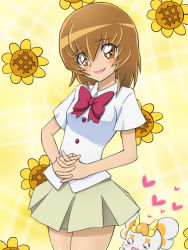 Rule 34 | 10s, 1girl, blush, bob cut, bow, brown eyes, brown hair, cowboy shot, flower, green skirt, hair between eyes, heart, heartcatch precure!, looking at viewer, mameshiba (pixiv 59310), matching hair/eyes, myoudouin itsuki, open mouth, own hands together, potpourri (heartcatch precure!), precure, red bow, school uniform, short hair, skirt, smile, solo