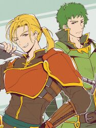 Rule 34 | 2boys, armor, blonde hair, eifilet, fire emblem, fire emblem: the sacred stones, forde (fire emblem), green eyes, green hair, highres, holding, holding polearm, holding weapon, kyle (fire emblem), looking at viewer, male focus, multiple boys, nintendo, polearm, ponytail, weapon