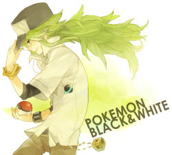 Rule 34 | 10s, 1boy, arisuda, asuda, baseball cap, copyright name, creatures (company), cube, game freak, gradient background, green hair, hand on headwear, hat, holding, holding poke ball, long hair, male focus, n (pokemon), nintendo, poke ball, pokemon, pokemon bw, profile, simple background, smile, solo, white background