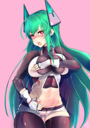 Rule 34 | 1girl, absurdres, asymmetrical legwear, bad id, bad pixiv id, black pantyhose, blush, bodysuit, breasts, cleavage cutout, clothing cutout, cowboy shot, embarrassed, eyebrows, fingerless gloves, gloves, gradient background, green hair, hair ornament, hand on own chest, headgear, heart, heart-shaped pupils, highres, impossible clothes, impossible shirt, large breasts, long hair, long sleeves, looking at viewer, menou kaname (taishi), midriff, navel, open mouth, original, pantyhose, pink background, purple eyes, shiny clothes, shiny skin, shirt, simple background, single leg pantyhose, single thighhigh, skin tight, solo, stomach, symbol-shaped pupils, taut clothes, taut shirt, thighhighs, uneven legwear, very long hair, wwwazxc