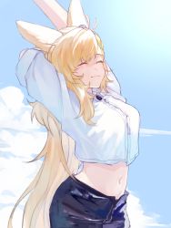 Rule 34 | 1girl, absurdres, alternate costume, animal ears, antenna hair, arknights, arms up, baihuokaihuala, baihuokaihuala (qq id 464410671), black shorts, blonde hair, blue sky, braid, breasts, closed eyes, closed mouth, cowboy shot, day, eyebrows hidden by hair, female focus, green hair, highres, kroos (arknights), kroos the keen glint (arknights), long hair, medium breasts, midriff, multicolored hair, navel, outdoors, rabbit ears, shirt, short sleeves, shorts, sky, smile, solo, stomach, stretching, sunlight, two-tone hair, very long hair, white shirt