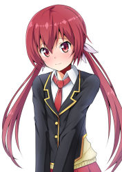 Rule 34 | 10s, 1girl, ariel23795, bloom, blouse, blush, hair between eyes, joukamachi no dandelion, long hair, long sleeves, low twintails, necktie, red eyes, red hair, red necktie, sakurada akane, school uniform, shirt, simple background, solo, twintails, v arms, white background, white shirt