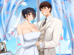 Rule 34 | 1girl, bare shoulders, black hair, blush, breasts, bridal veil, bride, cleavage, clenched teeth, closed eyes, closed mouth, cloud, day, dress, earrings, elbow gloves, eyebrows hidden by hair, gloves, hair bun, happy, height difference, highres, huge breasts, husband and wife, jewelry, kisaragi tsurugi, minami no shima de deatta tsundere bijo guide, orange eyes, original, petals, picture frame, ring, sky, smile, standing, strapless, strapless dress, teeth, veil, wedding band, wedding dress, wind