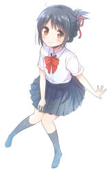 Rule 34 | 10s, 1girl, arm support, black legwear, black skirt, blush, bow, bowtie, brown eyes, commentary request, hair ribbon, kimi no na wa., knees together feet apart, looking at viewer, looking up, miyamizu mitsuha, ouhara lolong, pleated skirt, red bow, red bowtie, red ribbon, ribbon, school uniform, shirt, short sleeves, sitting, skirt, solo, white shirt