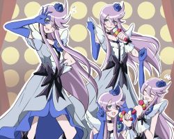 Rule 34 | 1girl, arm up, blue eyes, blue gloves, blush, bow, brooch, choker, cure moonlight, dress, elbow gloves, flower, gloves, hair flower, hair ornament, happinesscharge precure!, heart, heart brooch, heartcatch precure!, light purple hair, long hair, magical girl, music, open mouth, parody, precure, rose, singing, solo, tsukikage oyama, tsukikage yuri, very long hair, waist bow