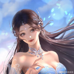 Rule 34 | 1girl, bare shoulders, blue dress, blue sky, breasts, brown hair, detached sleeves, dress, earrings, facial mark, falling petals, floating hair, forehead mark, from side, grey eyes, hair ornament, highres, jewelry, kong zhezhezhezhe, large breasts, long hair, looking to the side, petals, realistic, sky, smile, solo, upper body, wanmei shijie, yue chan (wanmei shijie)