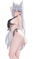 Rule 34 | 1girl, absurdres, ahoge, animal ear fluff, animal ears, arm behind back, ass, black bra, black panties, blue archive, blue eyes, blush, bra, breasts, cross hair ornament, feet out of frame, fingernails, grey hair, hair between eyes, hair ornament, highres, large breasts, liwen520, long hair, open mouth, panties, shiroko (blue archive), shiroko terror (blue archive), simple background, solo, underwear, white background, wolf ears