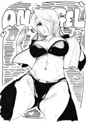 Rule 34 | 1girl, abs, ahoge, angel (kof), bikini, bikini top only, breasts, chaps, character name, fanning face, fukuitakumi, greyscale, hair over one eye, hot, large breasts, monochrome, monochrome, navel, panties, short hair, solo, sweat, swimsuit, the king of fighters, underwear