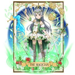 Rule 34 | 1girl, arm up, brown eyes, card (medium), circlet, closed mouth, detached collar, detached sleeves, floating hair, flower, full body, green neckwear, green sleeves, grey thighhighs, highres, holding, lily (flower), long hair, looking at viewer, multicolored sleeves, official art, plaid, plaid legwear, pointy ears, red flower, red rose, rose, seven (sao), sheath, sheathed, short sleeves, silver hair, skirt, smile, solo, swept bangs, sword, sword art online, tarot, tarot (medium), the magician (tarot), thighhighs, transparent background, very long hair, wand, weapon, white flower, white skirt, white sleeves