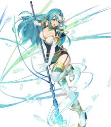 Rule 34 | 1girl, ankle boots, aqua hair, armor, belt, boots, breasts, chloe (fire emblem), cleavage, dress, earrings, elbow gloves, feathers, fire emblem, fire emblem engage, fire emblem heroes, full body, garter straps, gloves, glowing, glowing weapon, green eyes, hair ornament, high heels, highres, holding, holding weapon, jewelry, kainown, leg up, long hair, looking away, medium breasts, nintendo, non-web source, official art, open mouth, pelvic curtain, polearm, short dress, shoulder armor, smile, solo, spear, thigh strap, thighhighs, thighs, transparent background, weapon, zettai ryouiki