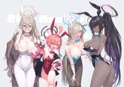 Rule 34 | 4girls, absurdres, ahoge, akane (blue archive), akane (bunny) (blue archive), amana (pocketkey), animal ears, ass, asuna (blue archive), asuna (bunny) (blue archive), asymmetrical bangs, bare shoulders, black-framed eyewear, black hair, black leotard, blue archive, blue bow, blue bowtie, blue leotard, blue ribbon, blush, bow, bowtie, braid, breast hold, breasts, brown eyes, brown hair, brown pantyhose, cleavage, closed mouth, commentary request, cowboy shot, dark-skinned female, dark skin, detached collar, fake animal ears, fishnets, glasses, gloves, grey background, hair between eyes, hair over one eye, hair over shoulder, hair ribbon, halo, highleg, highleg leotard, highres, huge ahoge, jacket, karin (blue archive), karin (bunny) (blue archive), large breasts, leotard, long hair, looking at viewer, mole, mole on breast, mole under eye, multiple girls, neru (blue archive), neru (bunny) (blue archive), official alternate costume, open mouth, orange hair, oversized breast cup, pantyhose, playboy bunny, ponytail, print jacket, rabbit ears, rabbit tail, red bow, red bowtie, red eyes, red leotard, ribbon, simple background, single braid, smile, standing, standing on one leg, sukajan, tag, tail, thighs, traditional bowtie, very long hair, white gloves, white leotard, white pantyhose, wide hips, yellow eyes