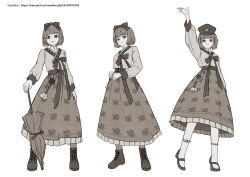 1girl absurdres boots chima_(clothes) full_body greyscale hanbok hat highres imperial_korean_flag jeogori_(clothes) korea korean_clothes korean_empire lolita_fashion military_hat monochrome multiple_views original parasol umbrella youotaku