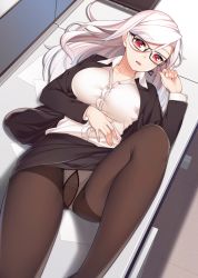 Rule 34 | 1girl, albino, black-framed eyewear, black jacket, black pantyhose, breasts, buttons, collared shirt, commentary request, dress shirt, earrings, feet out of frame, fingernails, from above, glasses, gusset, head tilt, highres, indoors, jacket, jewelry, large breasts, leg up, long hair, long sleeves, lying, office lady, on table, open clothes, open jacket, original, panties, panties under pantyhose, pantyhose, pantyshot, parted lips, pencil skirt, ray-akila, red eyes, shirt, single earring, skirt, smile, solo, sweat, table, thighband pantyhose, underwear, upskirt, white hair, white panties, white shirt, wing collar