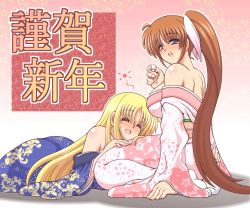 Rule 34 | 00s, 2girls, back, bare shoulders, blonde hair, blue eyes, blush, breasts, brown hair, drunk, closed eyes, fate testarossa, hair ribbon, hiccup, japanese clothes, kano-0724, kimono, large areolae, large breasts, long hair, looking at viewer, looking back, lying, lyrical nanoha, mahou shoujo lyrical nanoha, mahou shoujo lyrical nanoha strikers, multiple girls, on stomach, open mouth, ponytail, ribbon, side ponytail, sitting, takamachi nanoha, translation request, very long hair