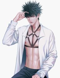 Rule 34 | 1boy, abs, black hair, black pants, blue eyes, chest harness, closed mouth, commentary, english commentary, fushiguro megumi, hand on own head, harness, highres, jujutsu kaisen, long sleeves, looking at viewer, male focus, navel, nipples, open clothes, open shirt, pants, pectorals, shirt, short hair, sitting, solo, spiked hair, toned, toned male, white background, white shirt, zhhy3324