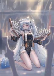 Rule 34 | 1girl, 2318257725, alternate costume, azur lane, breasts, china dress, chinese clothes, chinese commentary, cleavage, cleavage cutout, clothing cutout, detached sleeves, dress, drill hair, folding fan, full body, gold trim, hair horns, hand fan, highres, holding, holding fan, kiev (azur lane), kneeling, long hair, medium breasts, orange eyes, pelvic curtain, shorts, signature, tessen, thighs, twin drills, twintails, very long hair, war fan, white hair, white shorts